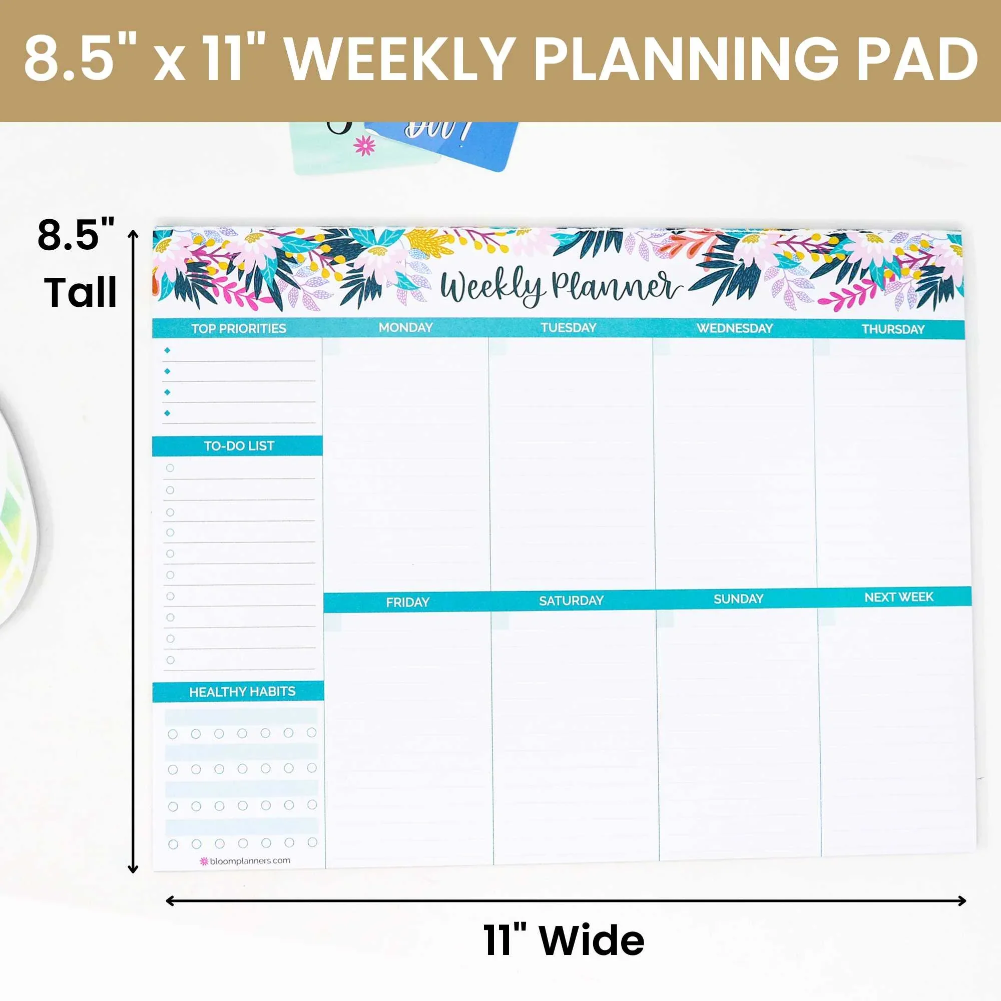 Planning Pad, 8.5" x 11", Horizontal Weekly Planner, Teal Floral - Image 3