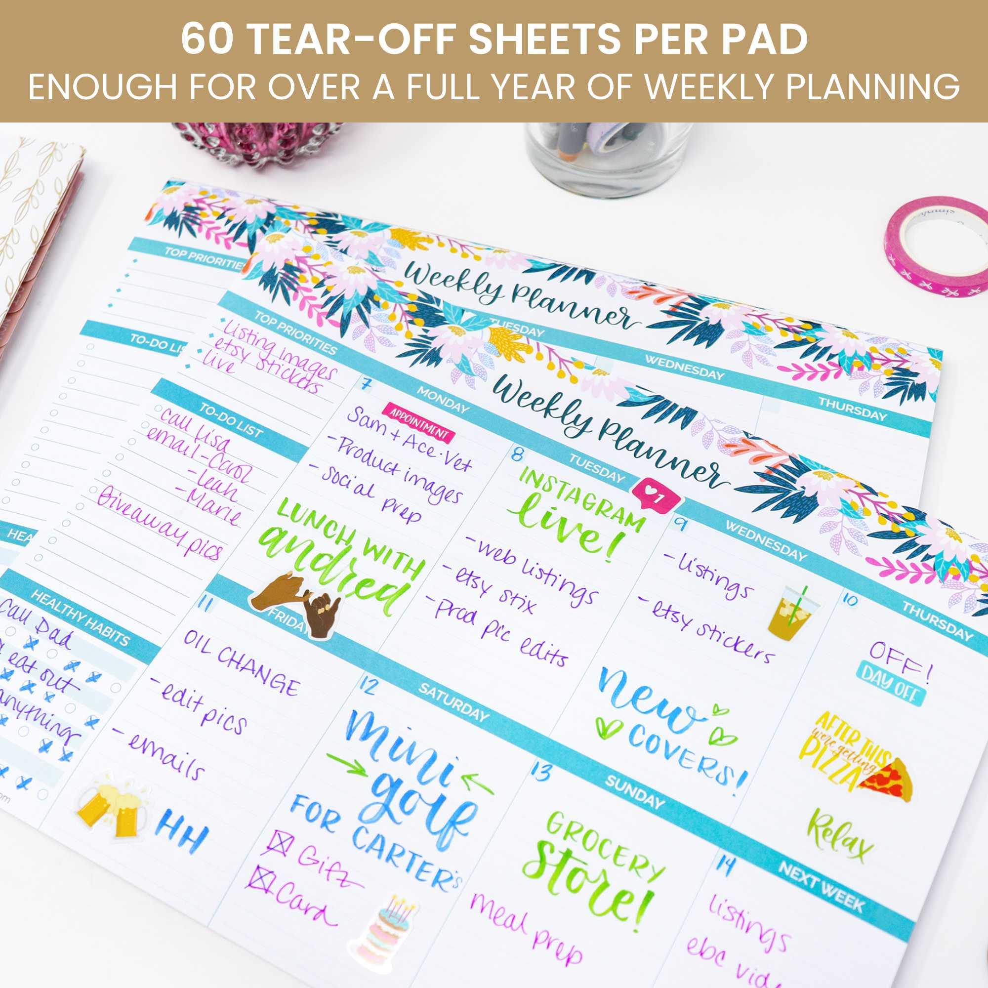 Planning Pad, 8.5" x 11", Horizontal Weekly Planner, Teal Floral - Image 4