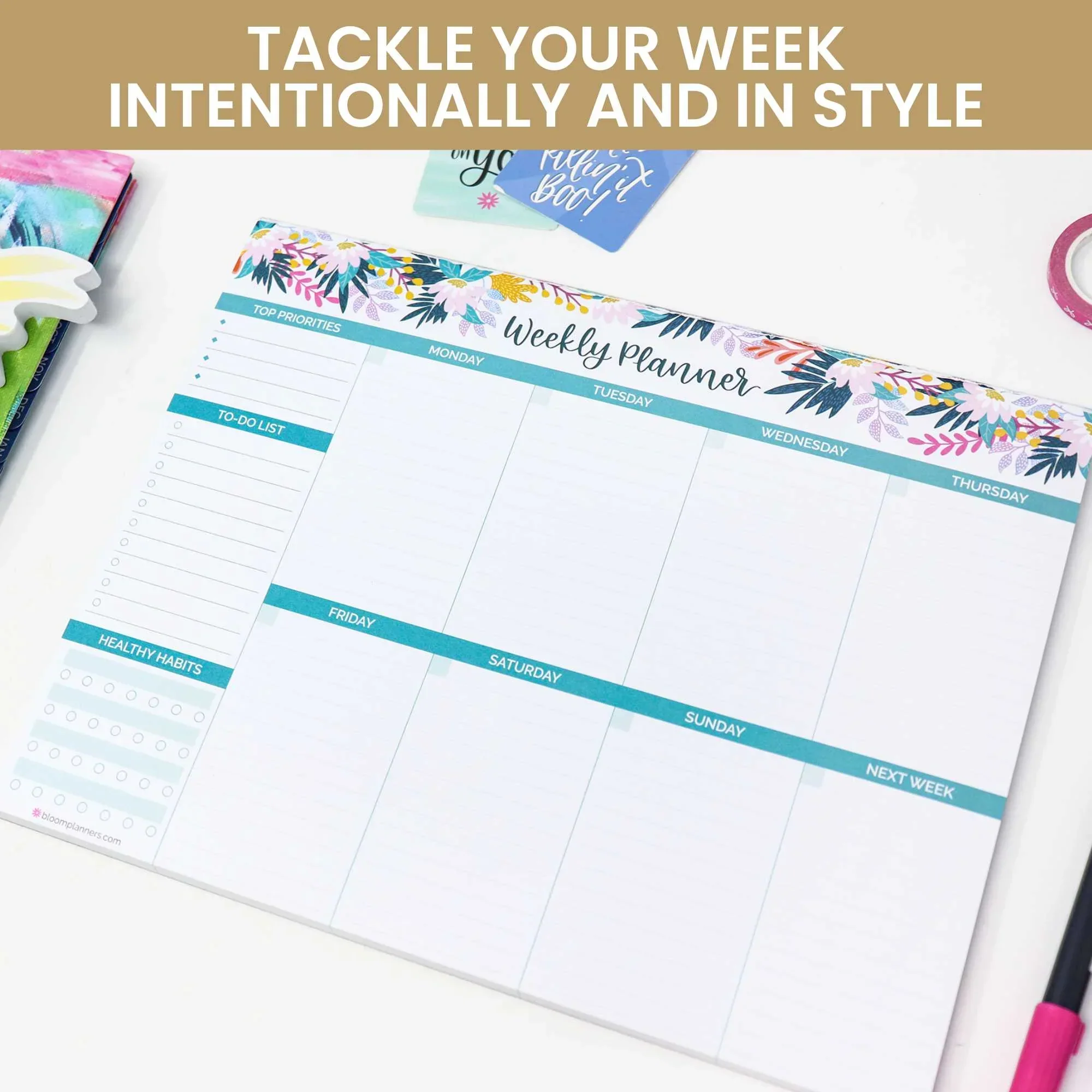 Planning Pad, 8.5" x 11", Horizontal Weekly Planner, Teal Floral - Image 5