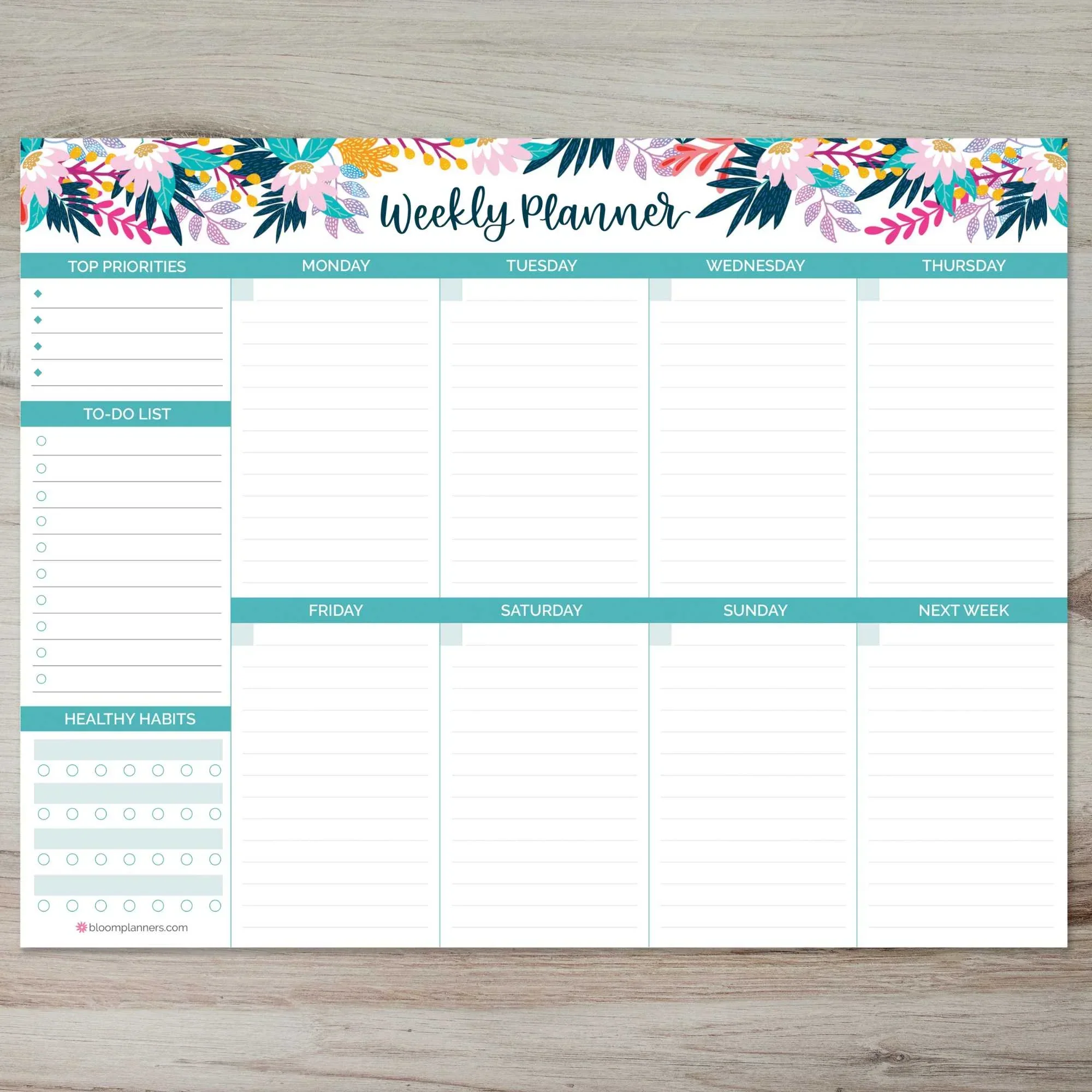 Planning Pad, 8.5" x 11", Horizontal Weekly Planner, Teal Floral - Image 7