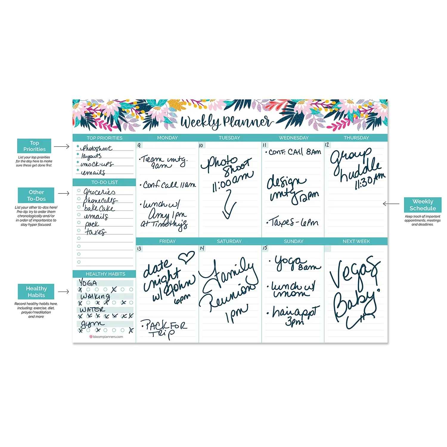 Planning Pad, 8.5" x 11", Horizontal Weekly Planner, Teal Floral - Image 8
