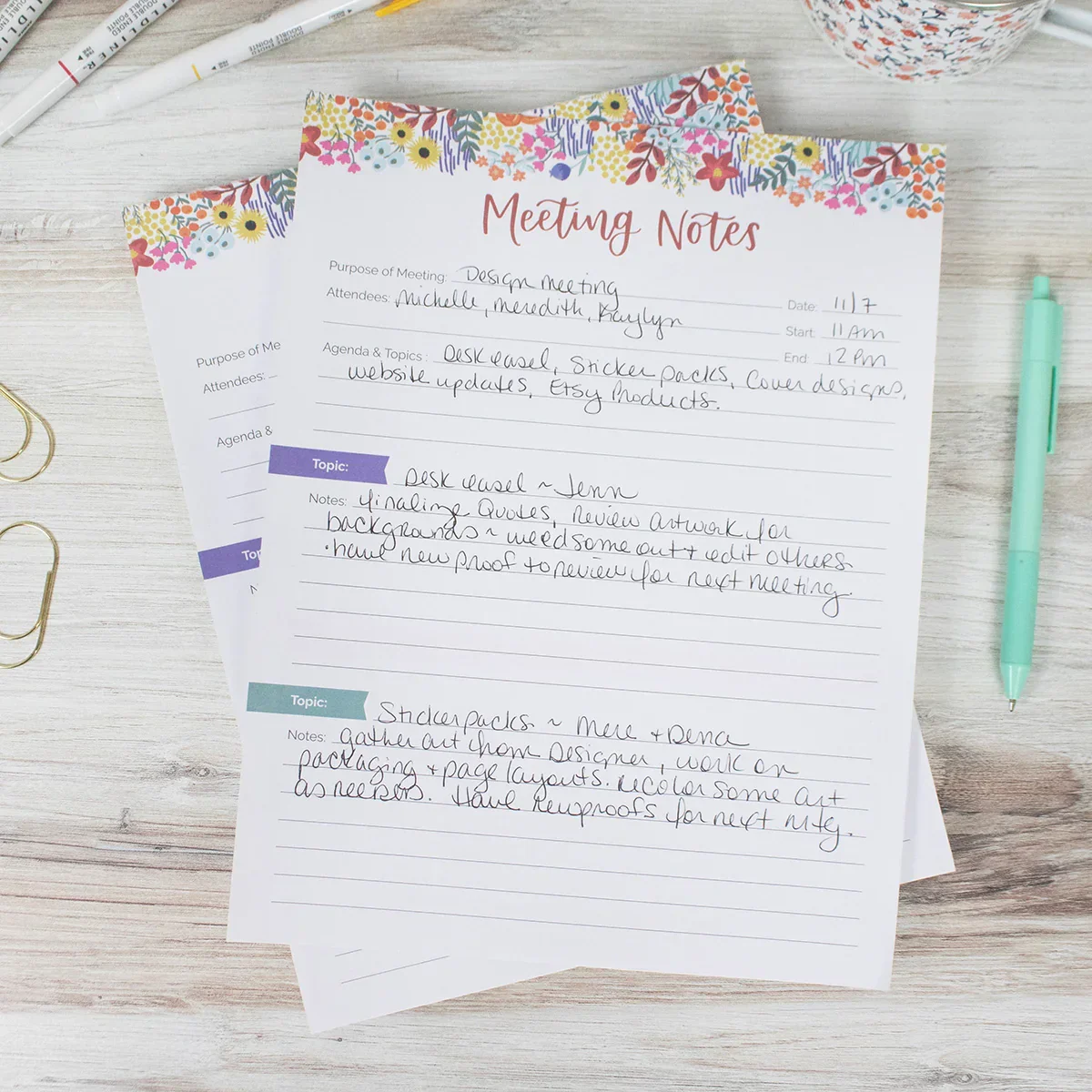 Planning Pad, 8.5" x 11", Double Sided Meeting Notes, Floral Dots - Image 5