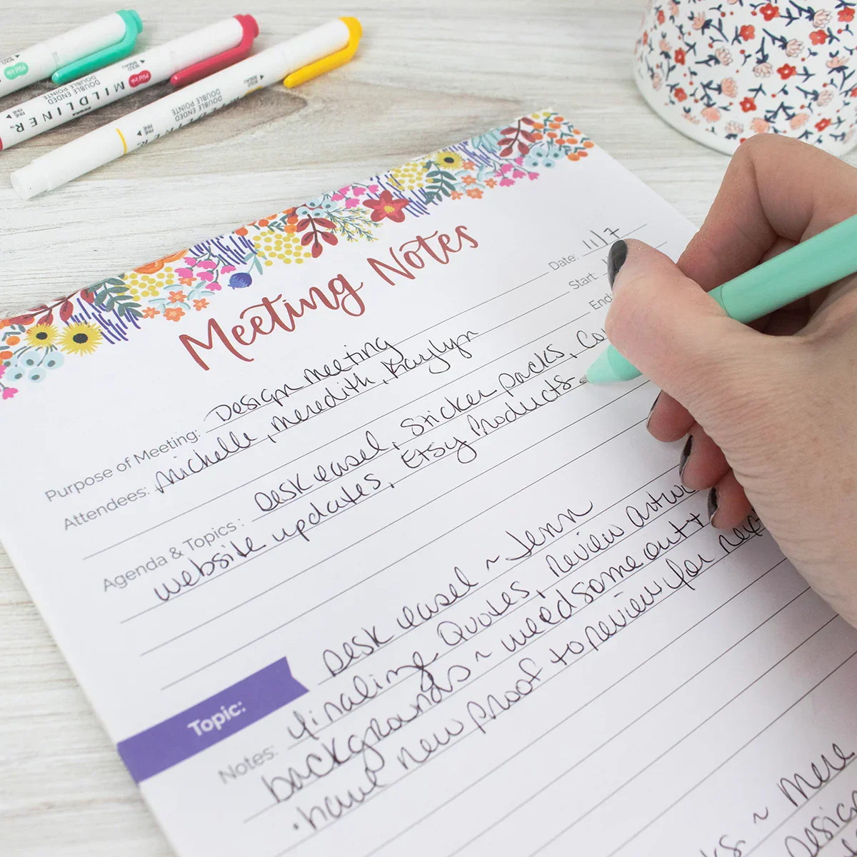 Planning Pad, 8.5" x 11", Double Sided Meeting Notes, Floral Dots - Image 7