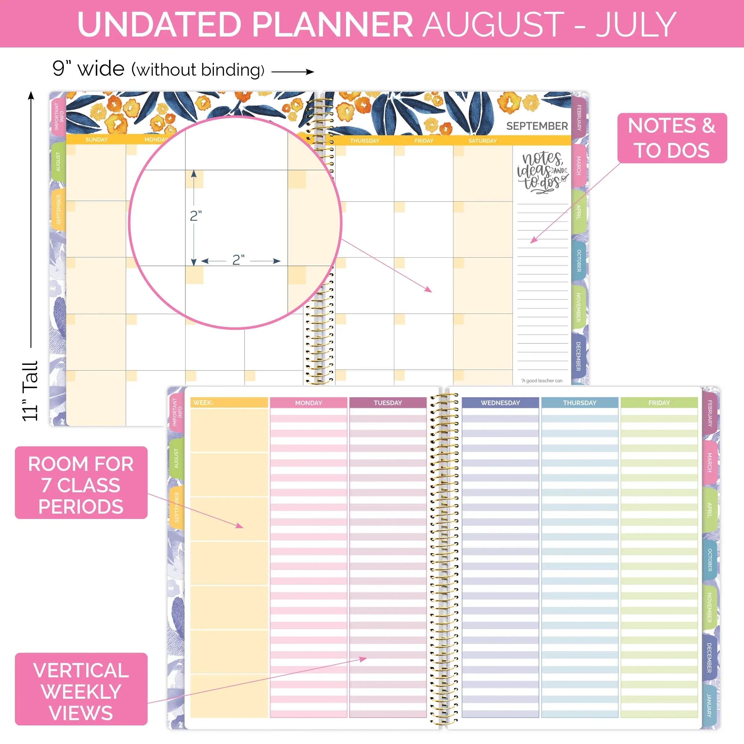 Undated Teacher Planner & Calendar, Watercolor Floral - Image 4